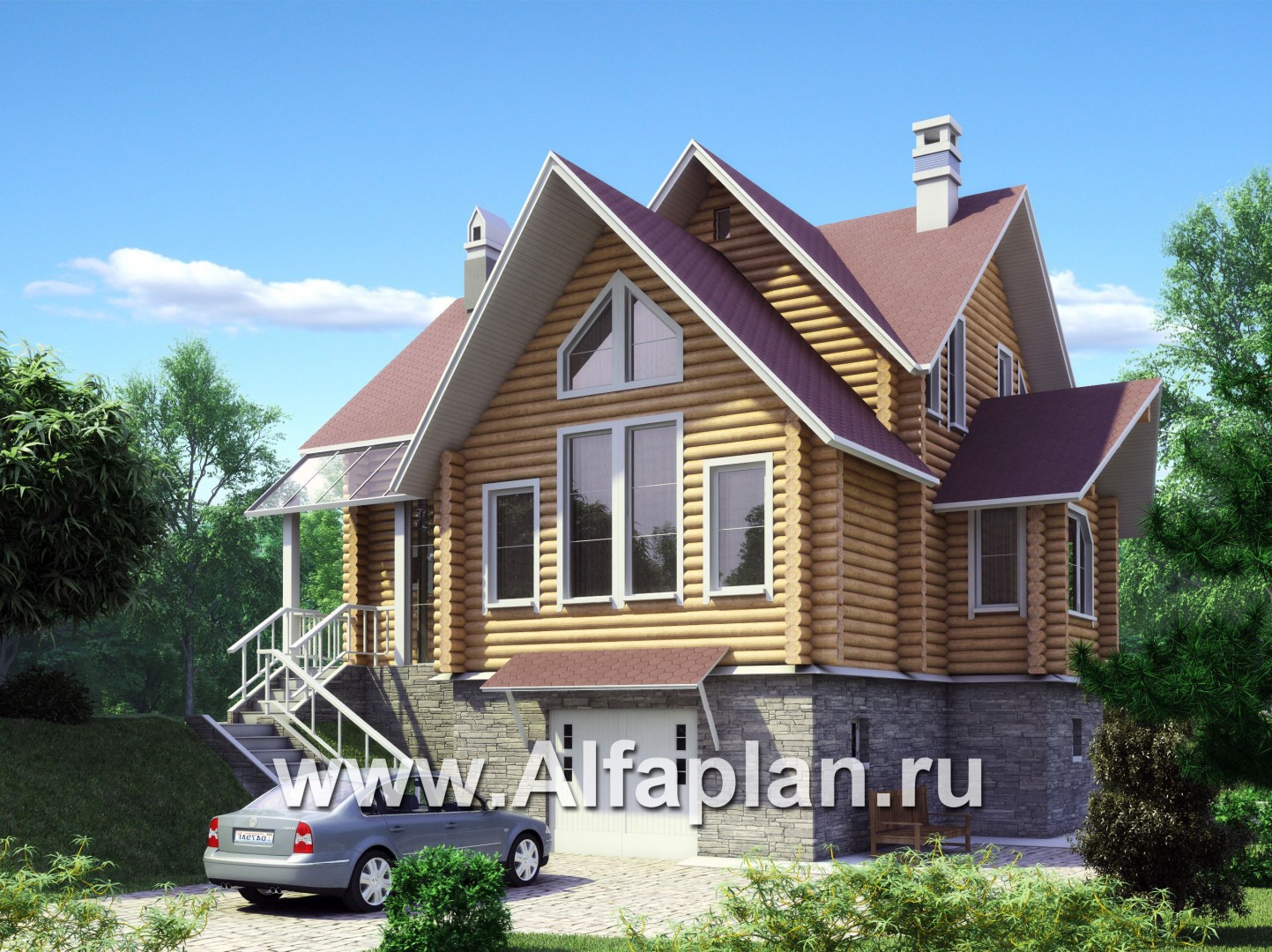 Проекты домов Альфаплан - «Усадьба» - деревянный  коттедж с высоким цоколем - основное изображение