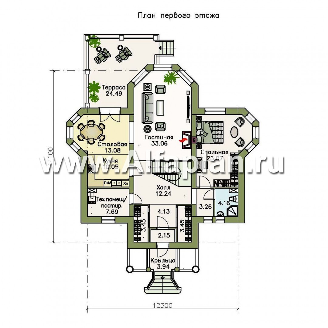 Проекты домов Альфаплан - Двухэтажный коттедж в стиле «Петровское барокко» - план проекта №1
