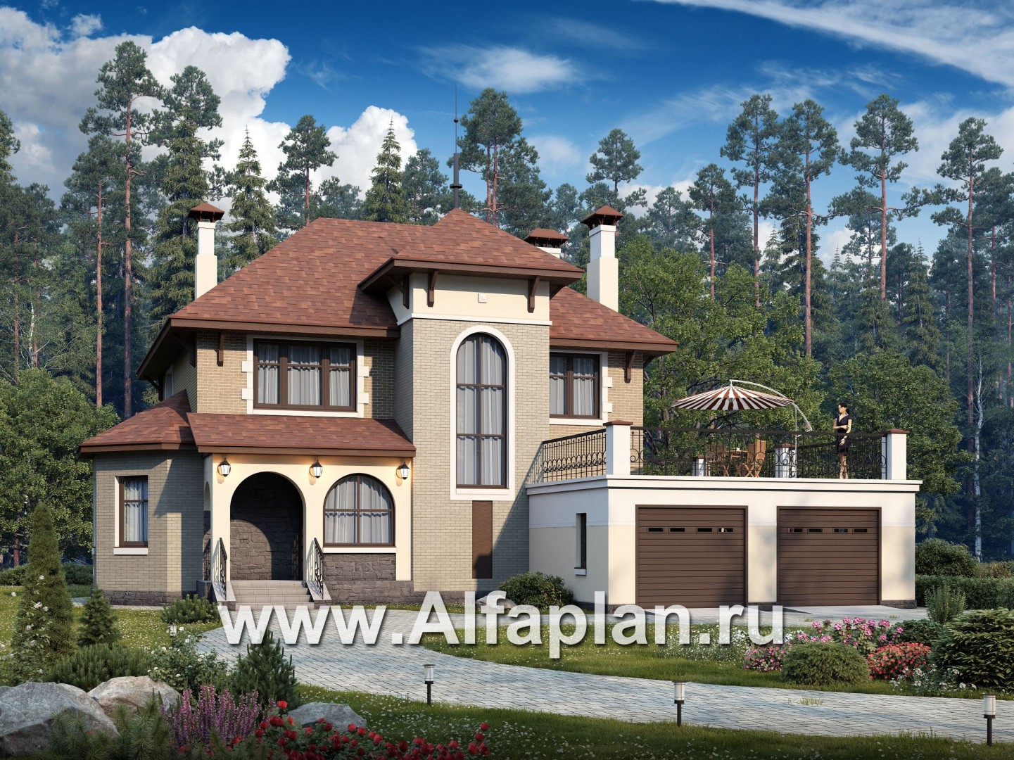 Проекты домов Альфаплан - «Маленький принц»- комфортабельный двухэтажный дом с террасой над гаражом - основное изображение