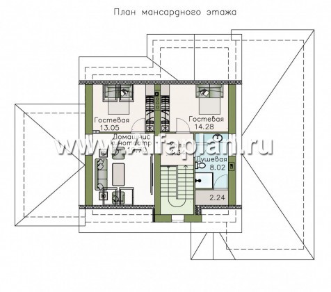 «Оккервиль» - проект двухэтажного дома из газобетона, с мансардой, для большой семьи, с навесом для 1 авто - превью план дома