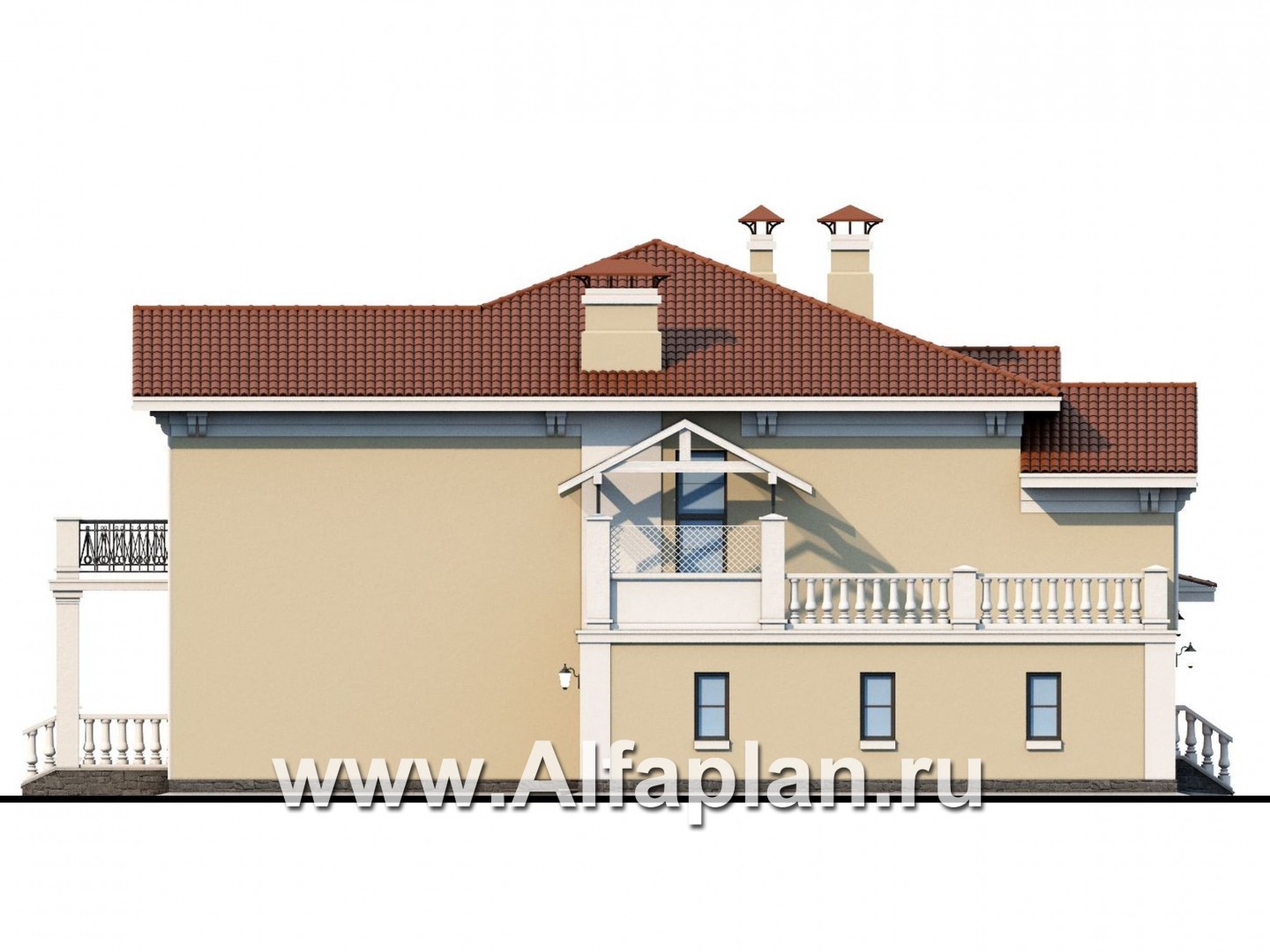 Проекты домов Альфаплан - «Беатрис» - проект двухэтажного дома из кирпича, с террасой и с гаражом на 2 авто, экаплуатируемая крыша гаража - изображение фасада №3