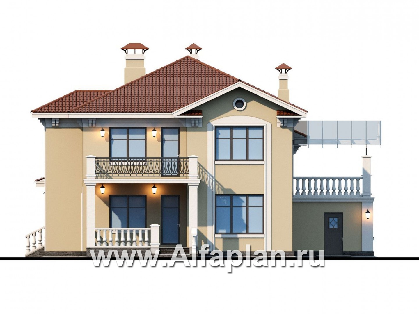 Проекты домов Альфаплан - «Беатрис» - проект двухэтажного дома из кирпича, с террасой и с гаражом на 2 авто, экаплуатируемая крыша гаража - изображение фасада №4