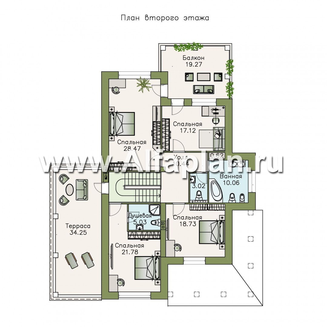 Проекты домов Альфаплан - «Беатрис» - проект двухэтажного дома из кирпича, с террасой и с гаражом на 2 авто, экаплуатируемая крыша гаража - изображение плана проекта №2