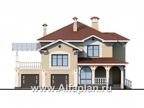 Проекты домов Альфаплан - «Беатрис» - проект двухэтажного дома из кирпича, с террасой и с гаражом на 2 авто, экаплуатируемая крыша гаража - превью фасада №1