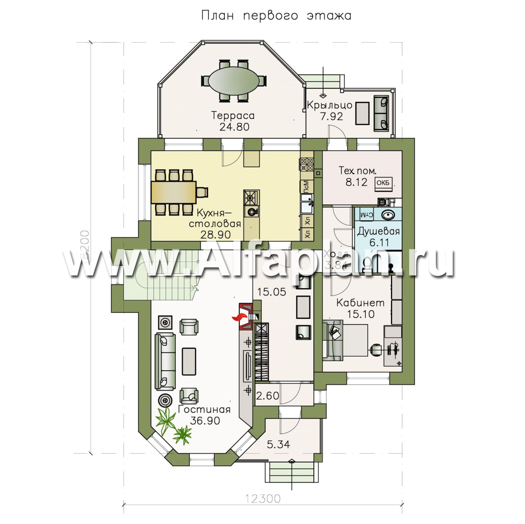 Проекты домов Альфаплан - «Clever» - классический коттедж с красивым эркером и террасой - план проекта №1