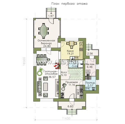 Проекты домов Альфаплан - «Вернисаж»- проект элегантного коттеджа с просторной верандой - превью плана проекта №1