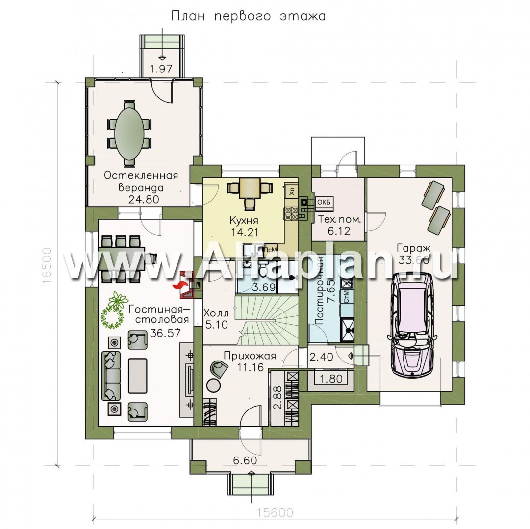 Проекты домов Альфаплан - «Вернисаж» - элегантный коттедж с гаражом и верандой - план проекта №1