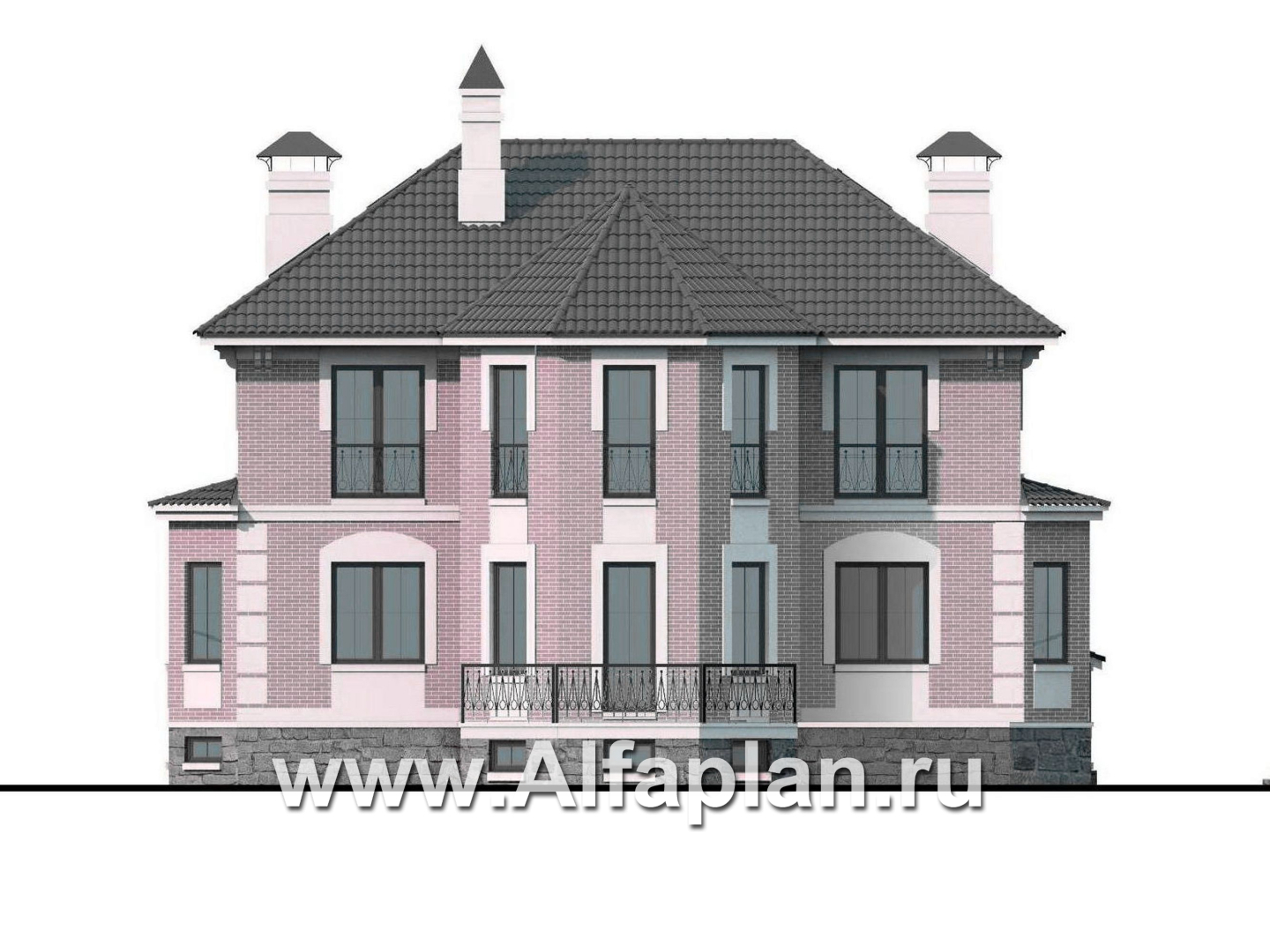 «Головин плюс» - проект двухэтажного дома, планировка с лестницей в центре и вторым светом, с цокольным этажом, в классическом стиле - фасад дома