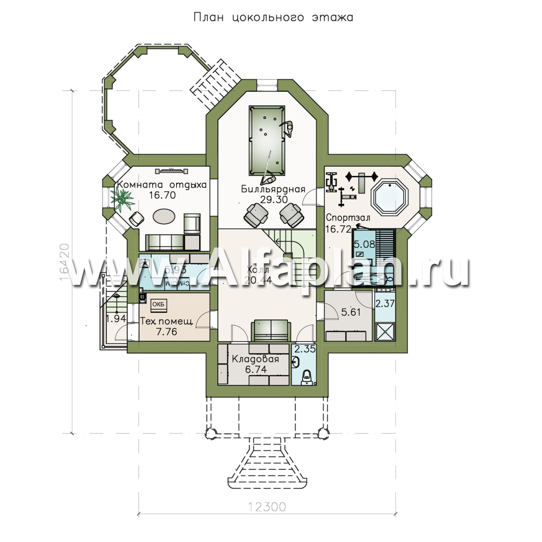 «Головин плюс» - проект двухэтажного дома, планировка с лестницей в центре и вторым светом, с цокольным этажом, в классическом стиле - план дома