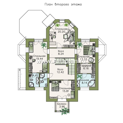 «Головин плюс» - проект двухэтажного дома, планировка с лестницей в центре и вторым светом, с цокольным этажом, в классическом стиле - превью план дома