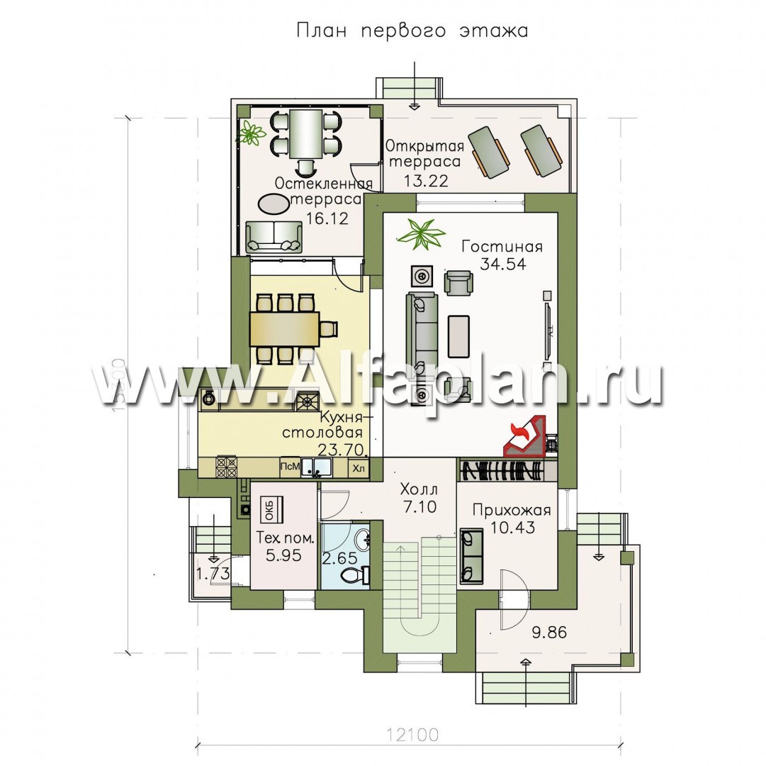 Проекты домов Альфаплан - «Равновесие» - изящный коттедж с террасами - план проекта №1