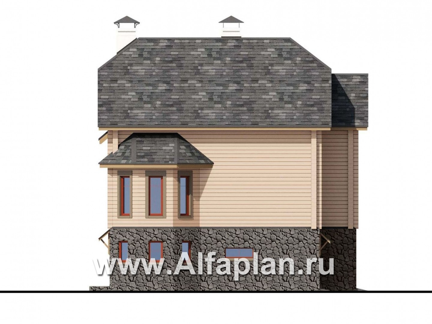 «АльфаВУД» - проект двухэтажного дома из дерева, на цоколе из кирпича, с сауной и с биллиардной, с гаражом - фасад дома