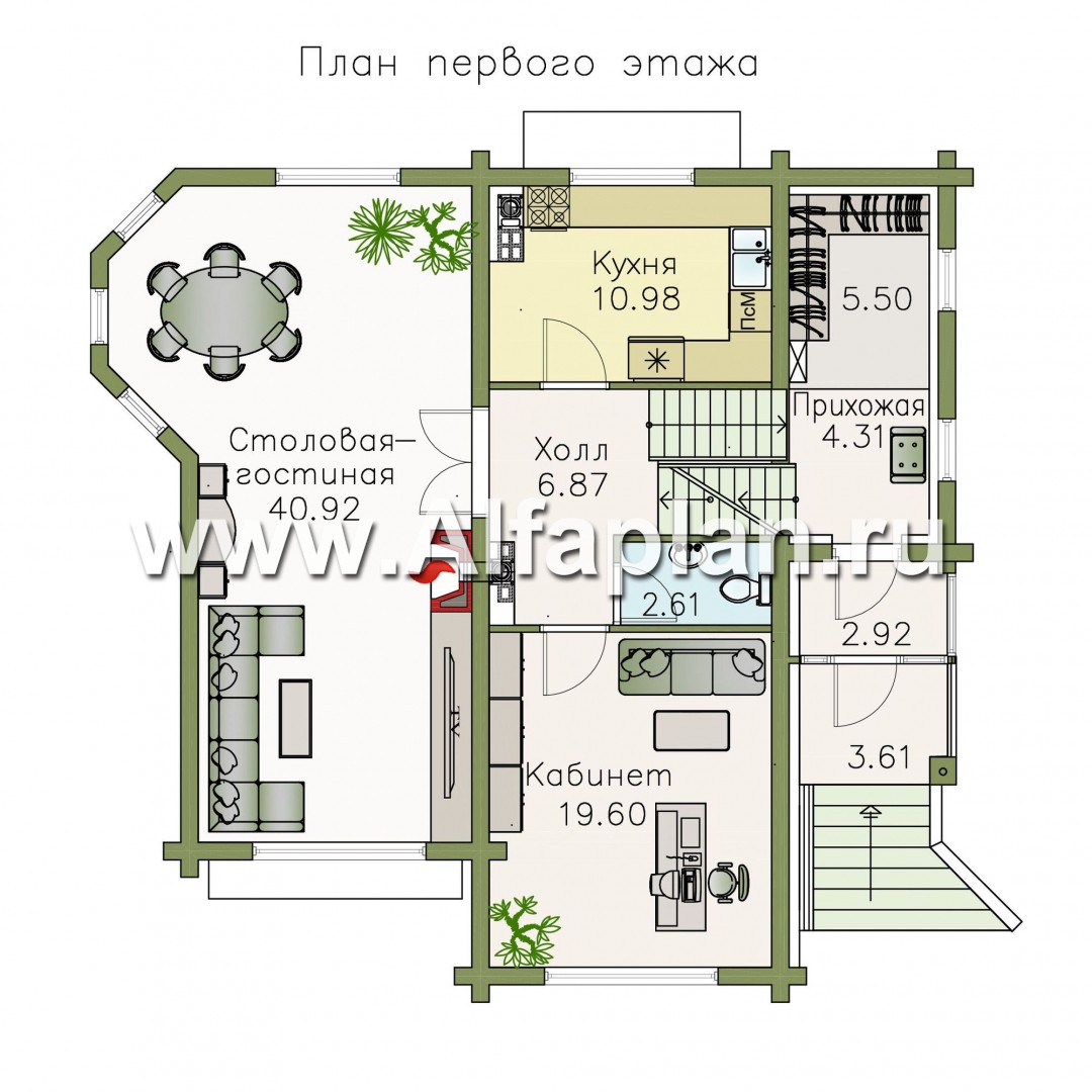 «АльфаВУД» - проект двухэтажного дома из дерева, на цоколе из кирпича, с сауной и с биллиардной, с гаражом - план дома