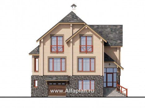 «АльфаВУД» - проект двухэтажного дома из дерева, на цоколе из кирпича, с сауной и с биллиардной, с гаражом - превью фасада дома