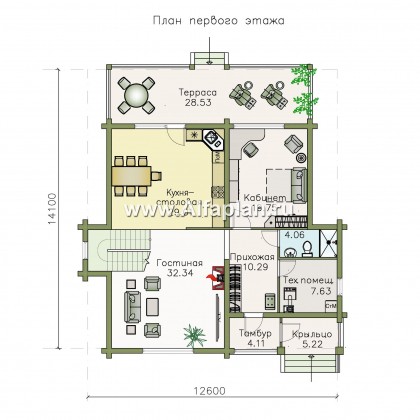 «АльфаВУД» - проект дома с мансардой, из дерева, с террасой - превью план дома