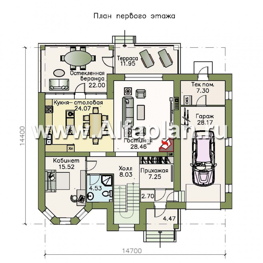 Проекты домов Альфаплан - «Амадей» - изысканный комфортный коттедж с гаражом - план проекта №1