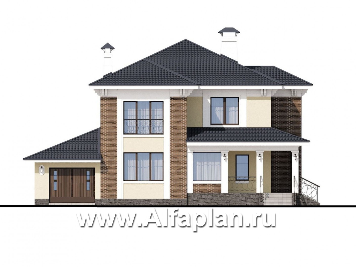 Проекты домов Альфаплан - «Беатрис» — двухэтажный коттедж с гаражом и террасой - изображение фасада №1