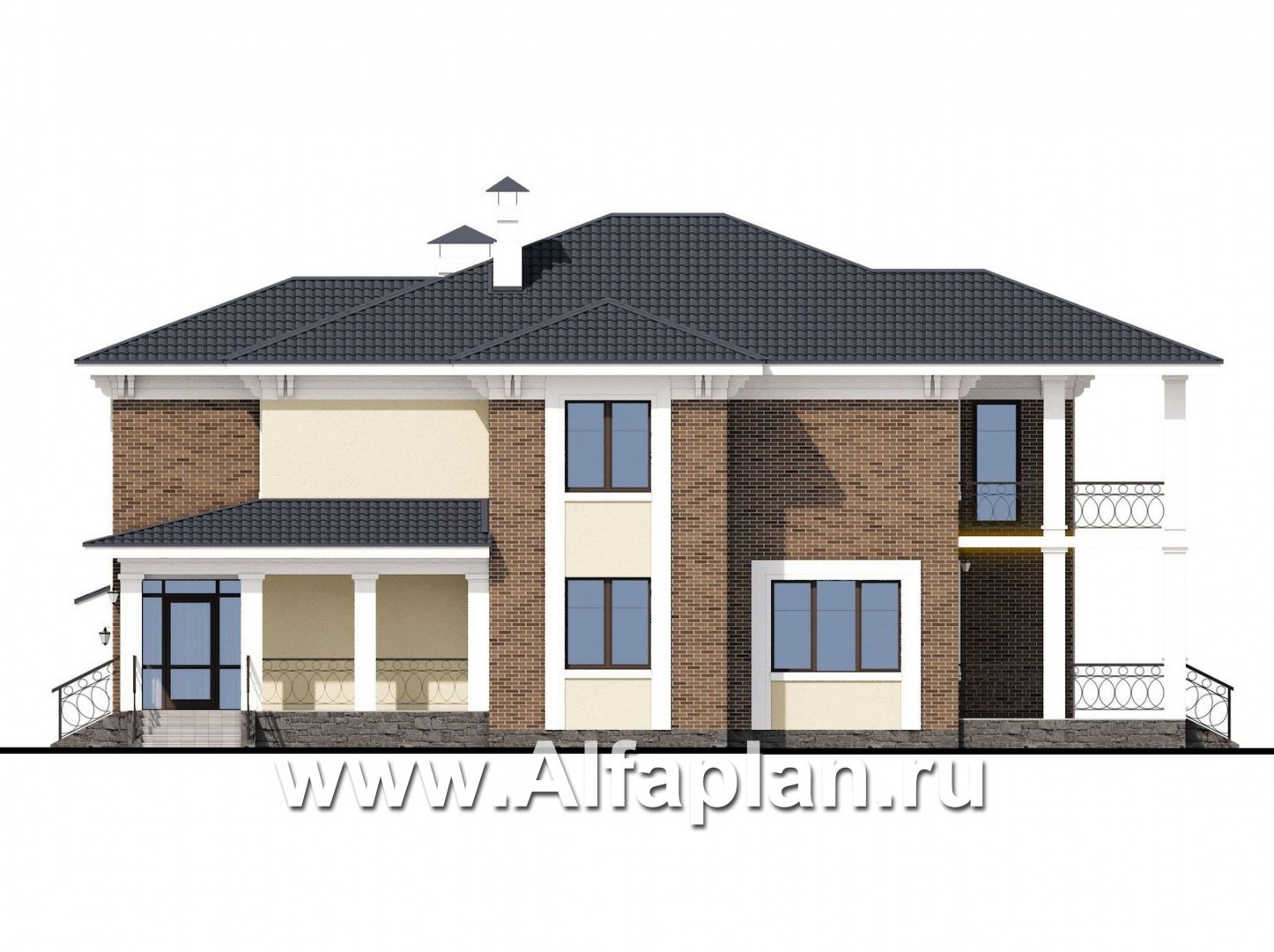 Проекты домов Альфаплан - «Беатрис» — двухэтажный коттедж с гаражом и террасой - изображение фасада №2