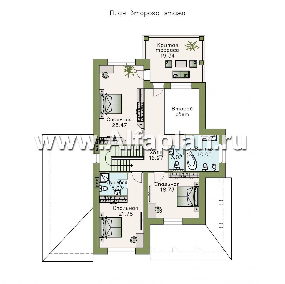 Проекты домов Альфаплан - «Беатрис» — двухэтажный коттедж с гаражом и террасой - изображение плана проекта №2