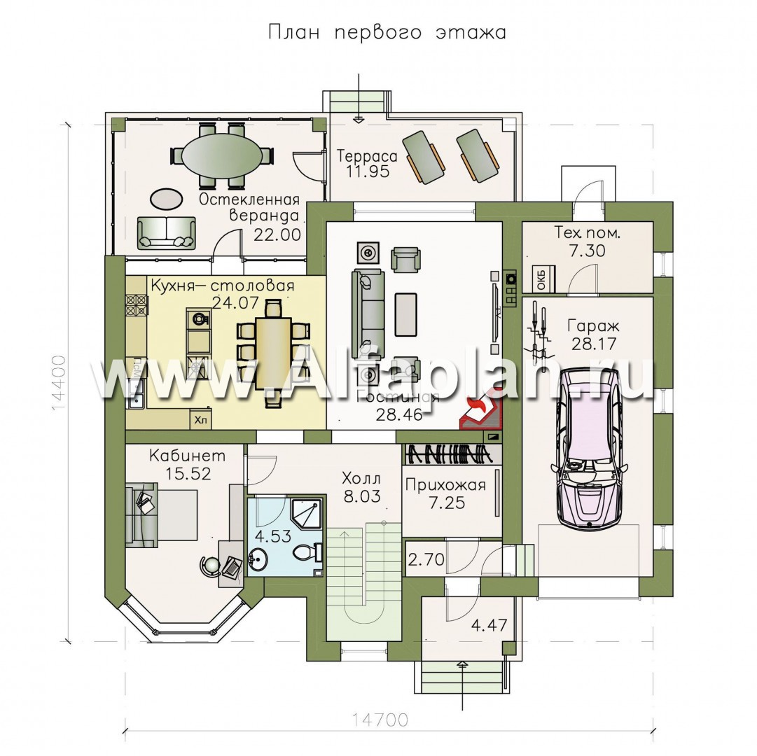 Проекты домов Альфаплан - «Оазис» - изысканный комфортный коттедж с гаражом - план проекта №1