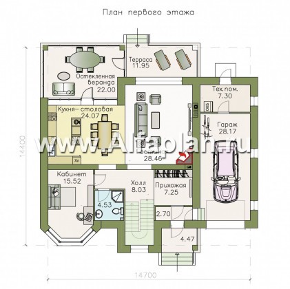 Проекты домов Альфаплан - «Оазис» - изысканный комфортный коттедж с гаражом - превью плана проекта №1