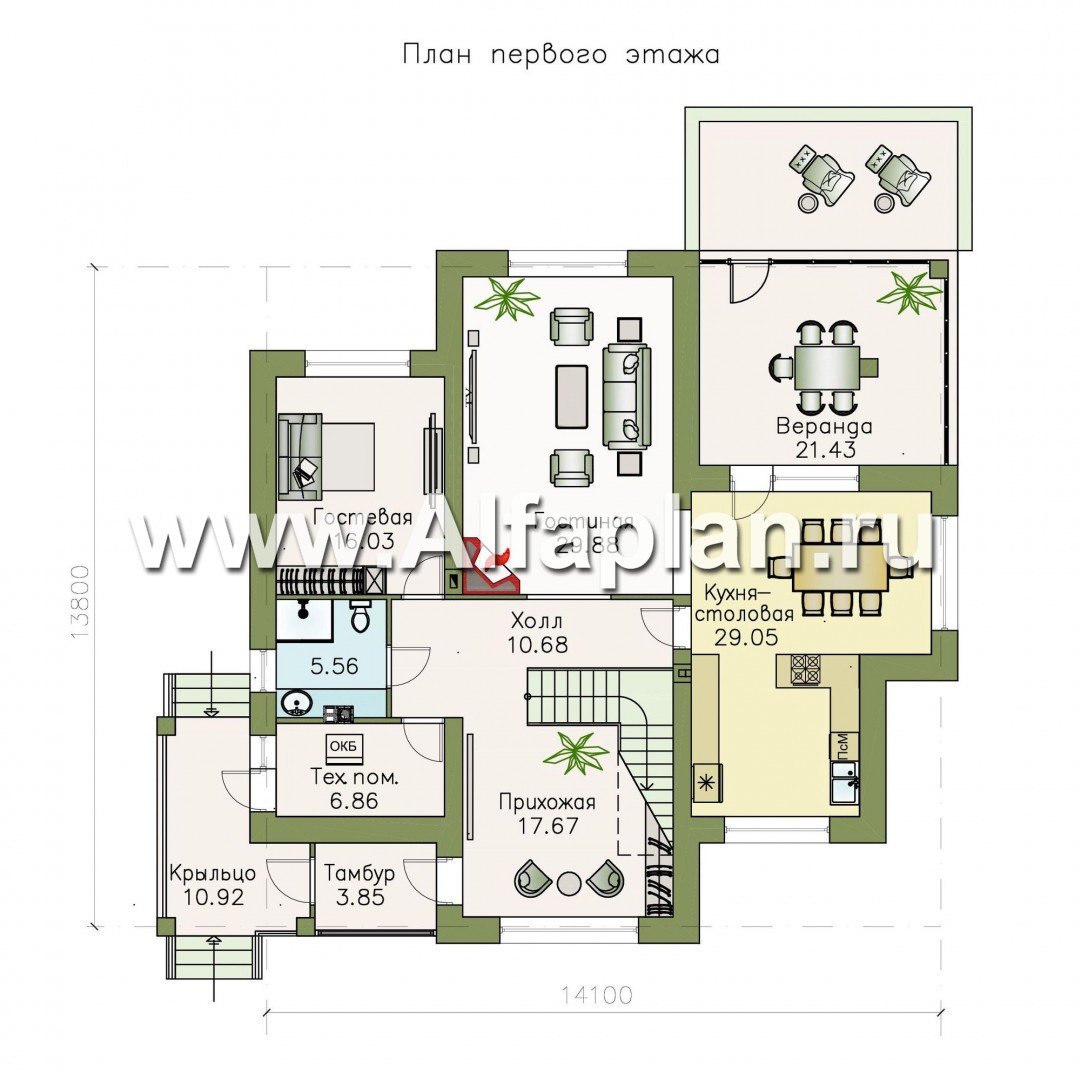 Проекты домов Альфаплан - «Аутентик» - комфортабельный двухэтажный коттедж с верандой - изображение плана проекта №1