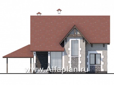 Проекты домов Альфаплан - Коттедж из кирпича «Высокая орбита» с гаражом навесом - превью фасада №1