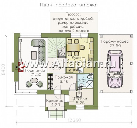 «Карат» - проект простого двухэтажного дома из газобетона, с навесом на 1 авто, в современном стиле - превью план дома