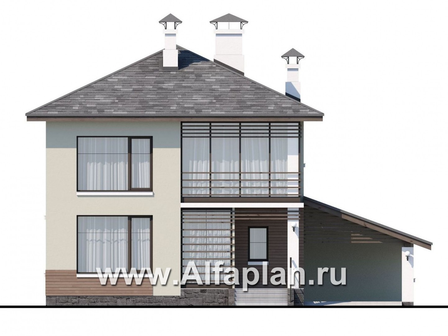 Проекты домов Альфаплан - «Эволюция» - проект двухэтажного дома, с кабинетом на 1 эт, навес на 1 авто, в современном стиле - изображение фасада №1