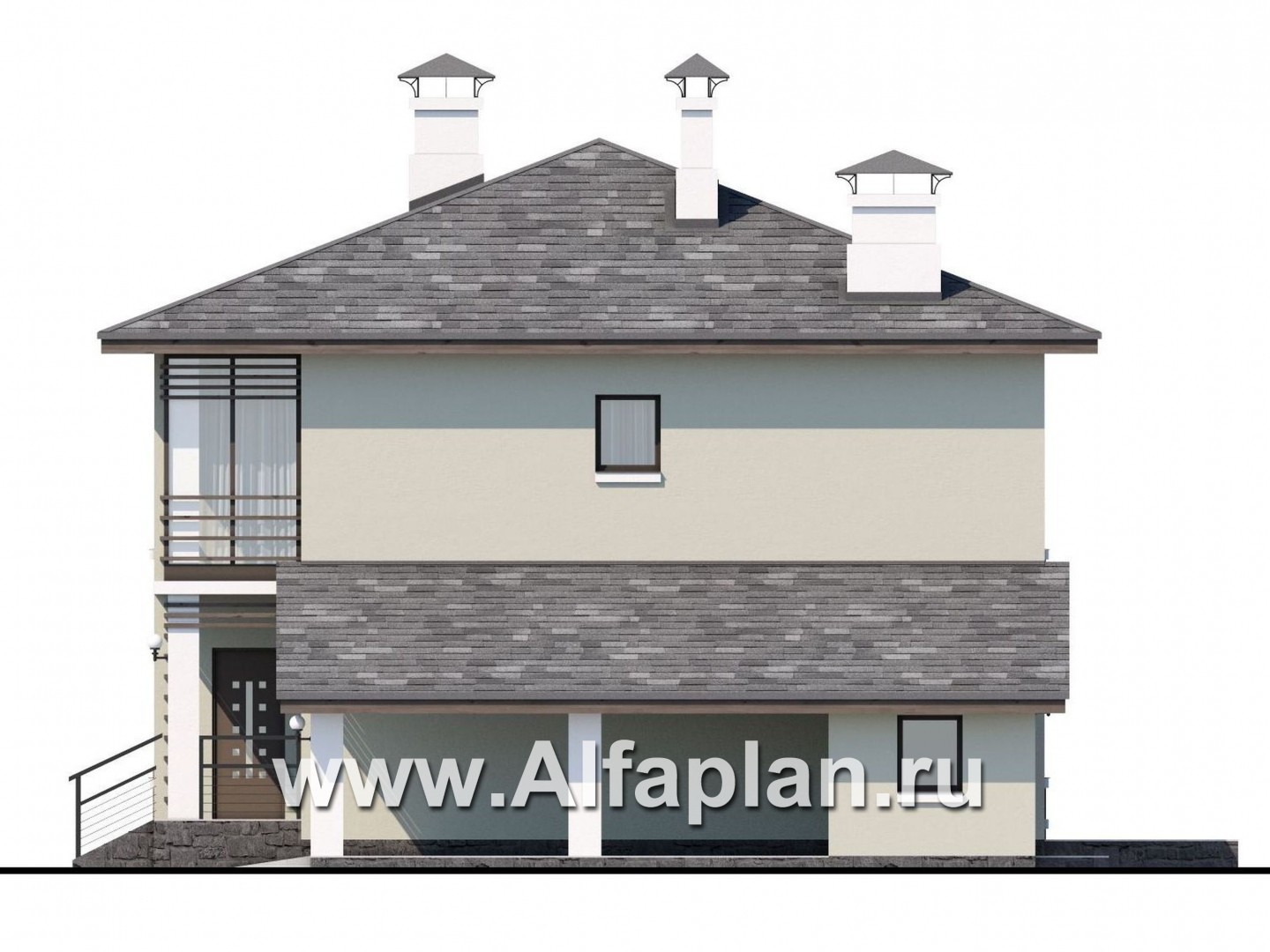 Проекты домов Альфаплан - «Эволюция» - проект двухэтажного дома, с кабинетом на 1 эт, навес на 1 авто, в современном стиле - изображение фасада №2