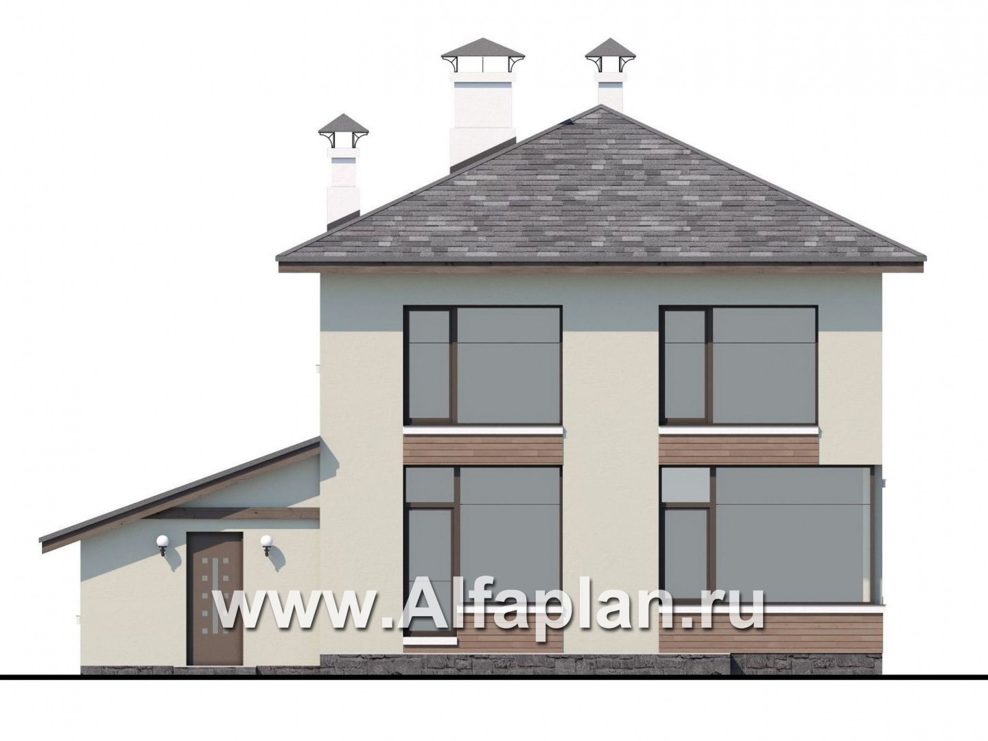 Проекты домов Альфаплан - «Эволюция» - проект двухэтажного дома, с кабинетом на 1 эт, навес на 1 авто, в современном стиле - изображение фасада №4