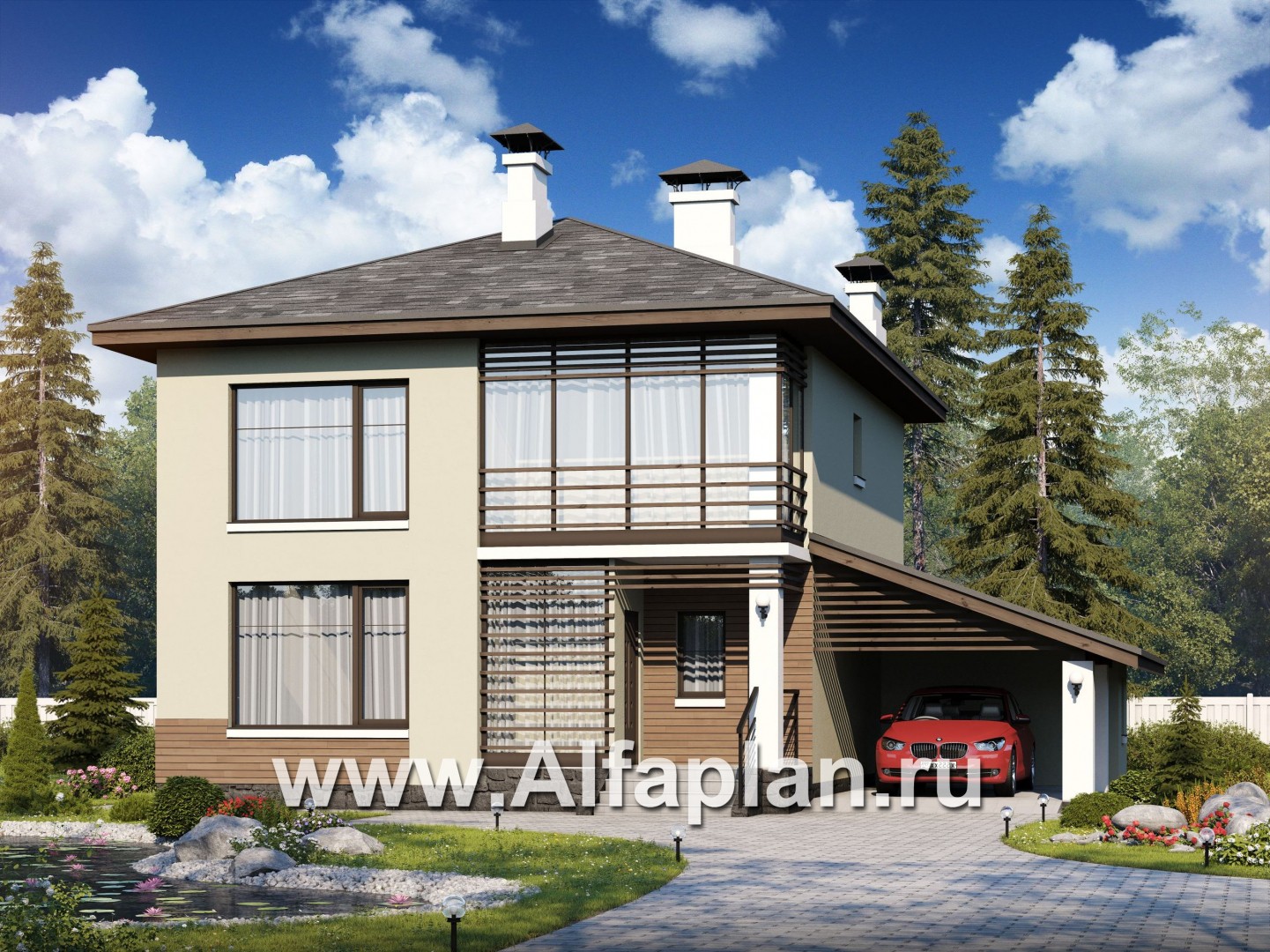 Проекты домов Альфаплан - «Эволюция» - проект двухэтажного дома, с кабинетом на 1 эт, навес на 1 авто, в современном стиле - основное изображение