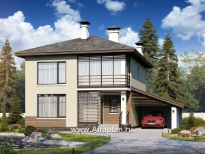 Проекты домов Альфаплан - «Эволюция» - проект двухэтажного дома, с кабинетом на 1 эт, навес на 1 авто, в современном стиле - превью основного изображения