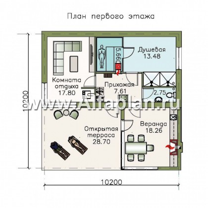 Проект бани с остекленной верандой и открытой террасой - превью план дома