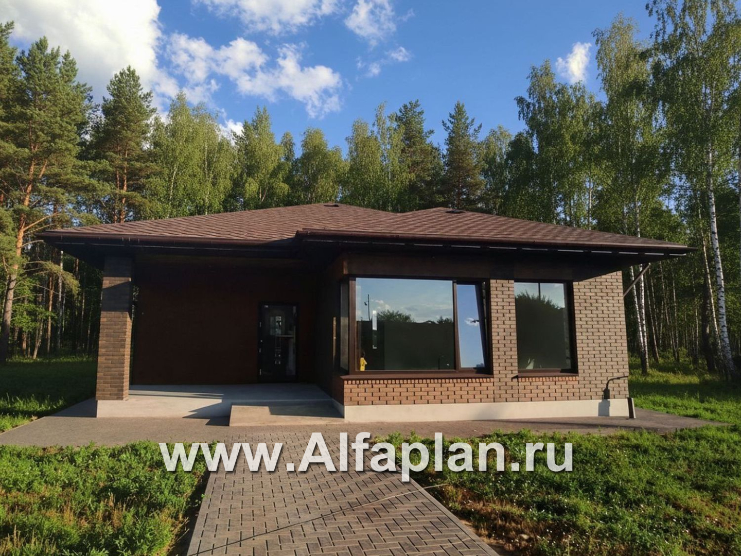 «Дега» - проект одноэтажного дома из газобетона, с террасой, с угловым окном - дизайн дома №1