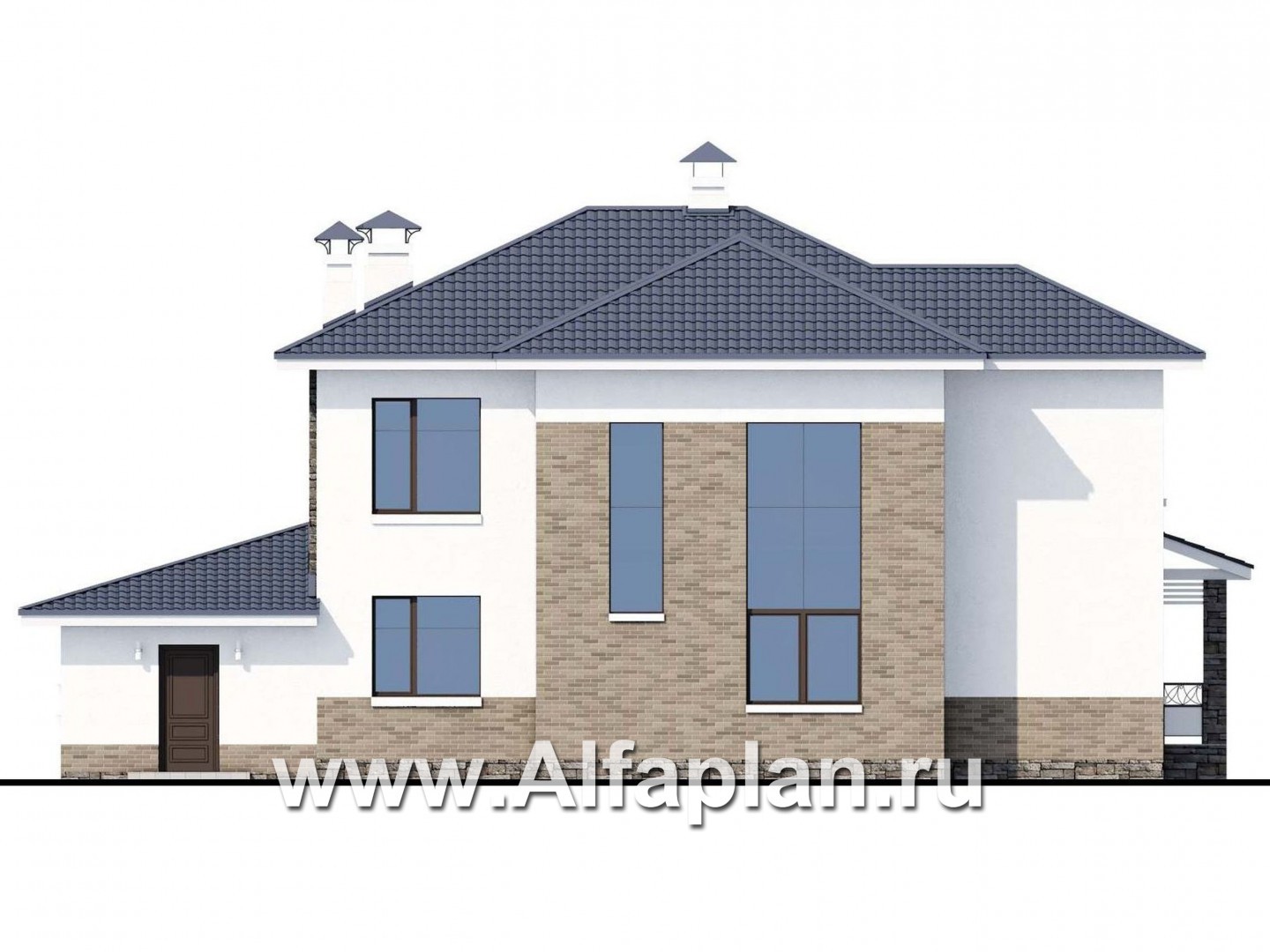 Проекты домов Альфаплан - «Статский советник» - проект двухэтажного дома из газобетона, с эркером и вторым светом, с гаражом, в современном стиле - изображение фасада №4