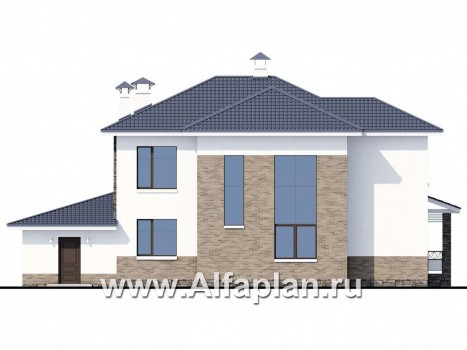 Проекты домов Альфаплан - «Статский советник» - проект двухэтажного дома из газобетона, с эркером и вторым светом, с гаражом, в современном стиле - превью фасада №4