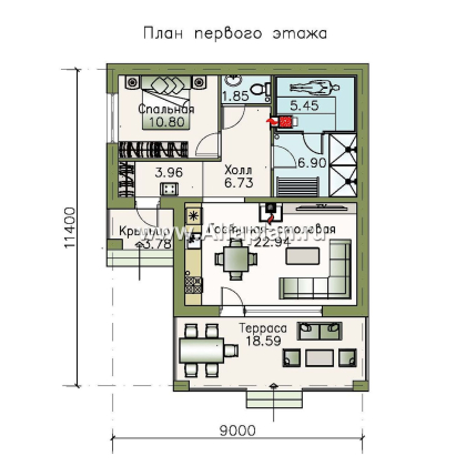 Проект гостевого дома, с баней и с уютной террасой - превью план дома