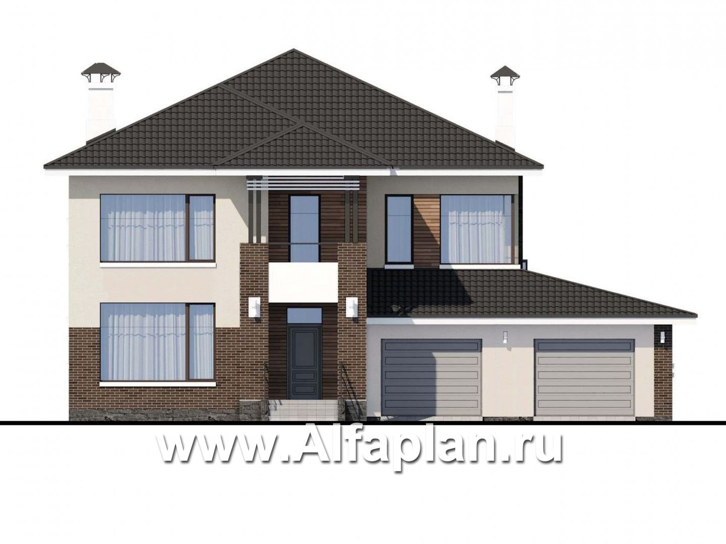 Проекты домов Альфаплан - «Родос» - проект современного двухэтажного дома с гаражом на две машины - изображение фасада №1