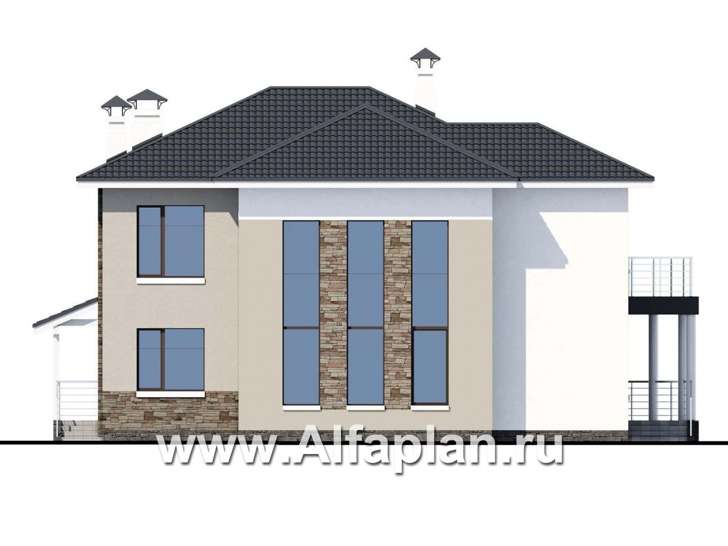 Проекты домов Альфаплан - «Меркурий» - стильный коттедж с большой террасой и балконом - изображение фасада №4