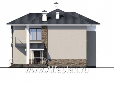 Проекты домов Альфаплан - «Меркурий» - стильный коттедж с большой террасой и балконом - превью фасада №2