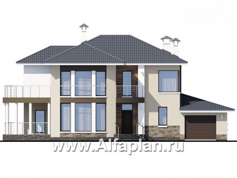 Проекты домов Альфаплан - «Меркурий» - стильный коттедж с большой террасой и балконом - превью фасада №1
