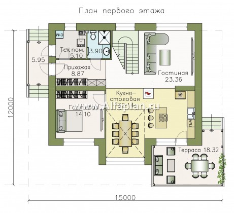 «Регата» - красивый проект дома с мансардой, планировка с мастер спальней, двусветная столовая, двускатная крыша - превью план дома