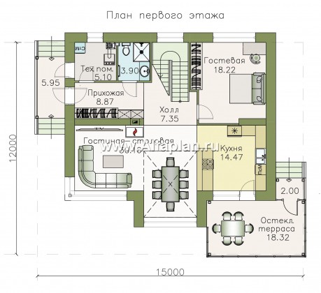 «Регата» - красивый проект дома с мансардой, гостиная со стороны террасы, планировка с мастер спальней - превью план дома