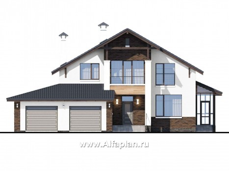 Проекты домов Альфаплан - «Галс» - двухэтажный коттедж со вторым светом и гаражом на два автомобиля - превью фасада №1