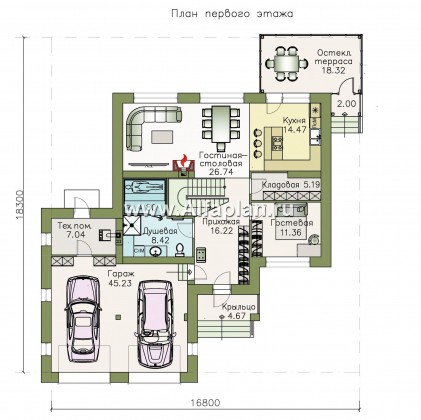 Проекты домов Альфаплан - «Галс» - двухэтажный коттедж со вторым светом и гаражом на два автомобиля - превью плана проекта №1