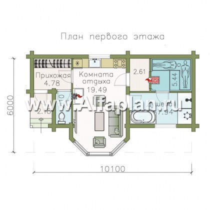 Проект бани, из дерева, из клееного бруса, с эркером - превью план дома