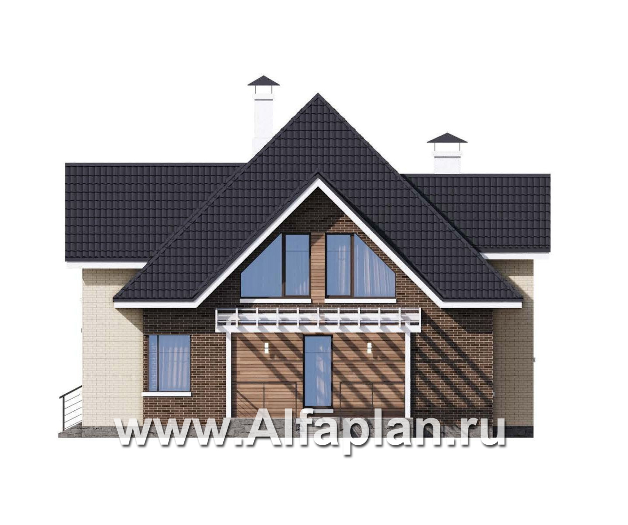«Альтаир» - проект дома с мансардой, из кирпича или газобетона, фасад из штукатурки, с террасой и с гаражом, современный стиль - фасад дома