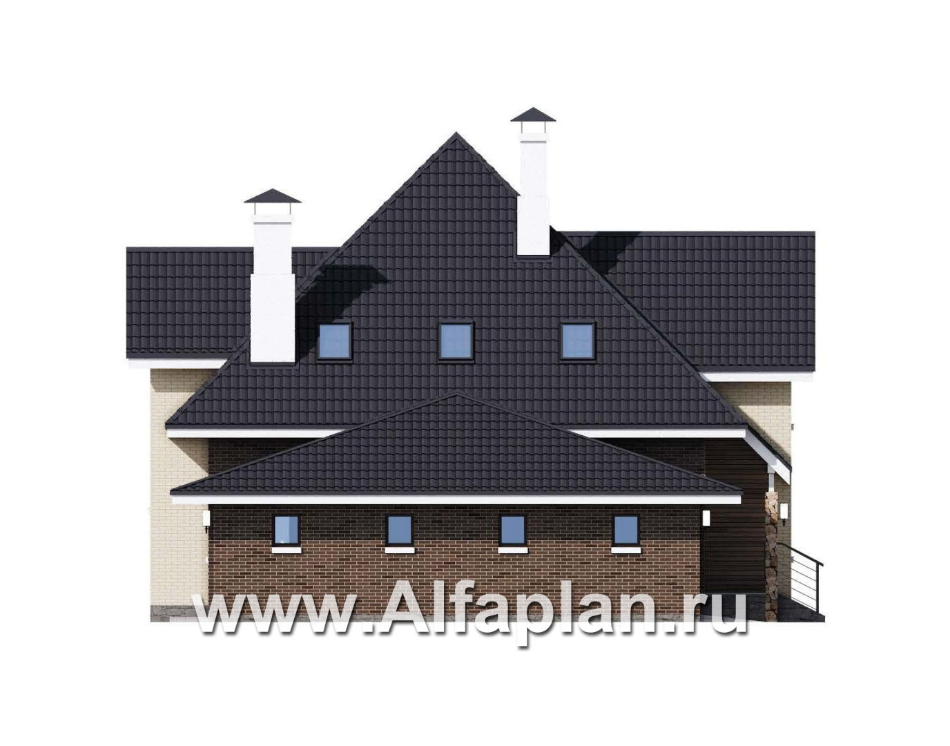 «Альтаир» - проект дома с мансардой, из кирпича или газобетона, фасад из штукатурки, с террасой и с гаражом, современный стиль - фасад дома