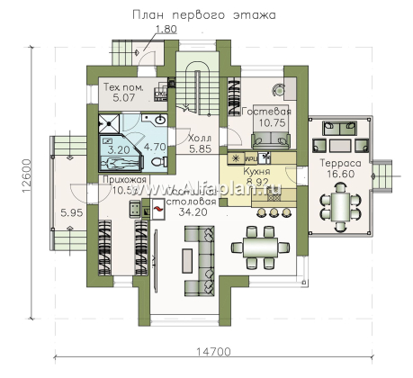 «Альтаир» - проект дома с мансардой, из кирпича или газобетона, с террасой, современный стиль - превью план дома